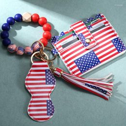 Keychains American Flag Pattern Tassel PU Leather Keychain Card Bag For Women Beads Bangle Key Ring Jewelry Gift