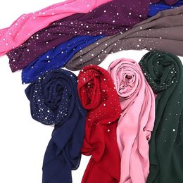 Scarves 72 175cm Women Muslim Chiffon Scarf Diamond Malaysia Hijabs Veil Solid Colour Head Wraps Fashion Long Shawls Bandana 2023