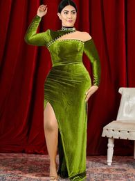 Plus size Dresses Green Size High Neck Long Sleeve Beads Bodycon Velvet Sexy Dres Party Night Club Winter Clothes Christmas 230202