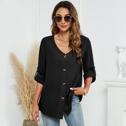 Women's Blouses Women Summer Chiffon Solid Shirt V Neck Three Quarter Sleeve Irregular Hem Plus Size Casual Loose Blouse Womens Tops