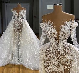 Dubai Arabia Abitidasposa Saudi Moroccan Mermaid Wedding Dresses with Detachable Train Gorgeous Pearls Lace Beading Bridal Gowns Long Sleeves Vestidos CL0065