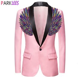 Men's Suits Blazers Mens Pink Wing Sequin Tuxedo Blazer Jacket One Button Shawl Collar Slim Fit Suit Blazer Men Wedding Party Prom Singer Costumes 230202