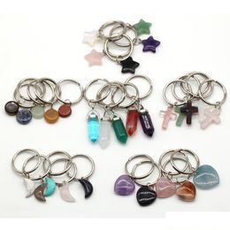 Key Rings 5Pcs Heart Gemstone Keychain Sier Plated Ring With Natural Stone Quartz Crystal Tiger Eye Healing Beads Keyring Drop Deliv Dhtie