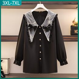 Women's Blouses Spring Autumn Plus Size Tops For Women Large Long Sleeve Casual Black Bow Peter-pan Collar Shirt 3XL 4XL 5XL 6XL 7XL