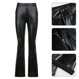Women's Pants Women Vintage Shiny Black Faux Leather Harajuku High Waist Flare Bell Bottom Slim Fit Stretchy Trousers Autumn Streetwear