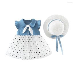 Girl Dresses Summer Girls Dress Casual Patchwork Design Flare Sleeve Cotton Mesh Kids Toddler Sundress With Hat For 2023