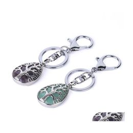 Key Rings Fashion Water Drop Keychains Ring Holder Reiki Natural Stone Amethyst Lava Tree Pendant For Car Motorcycle Bag 9 D3 Delive Dhagm