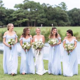 2023 Light Blue Bridesmaid Dresses Off The Shoulder Spaghetti Straps A Line Floor Length Ruched Sleeveless Custom Made Plus Size Maid Of Honour Gowns 403 403
