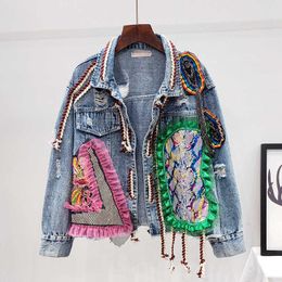 Women's Jackets Wenfly Women Clothing Streetwear Fashion Denim Embroidery Jacket Female Short Diamonds Tassel Jean Outerwear