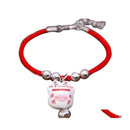 Charm Bracelets Cute Lucky Cat Ceramic Beads Safe Bracelet Red Rope Bangle Handmade Fashion Jewelry Adjustable Length Drop Delivery Dh1Td