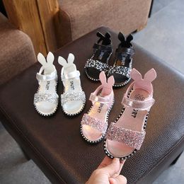 Children Sandals For Toddlers Girl Big Girls Kids Beach Shoes Cute Sweet Princess Rhinestone With Rabbit Ear Soft Fashion 21-36 0202