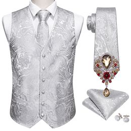 Men's Vests 5PCS Designer Mens Wedding Suit Vest Silver Paisley Jacquard Folral Silk Waistcoat Tie Brooches Vest Set Barry.Wang Groom 230202