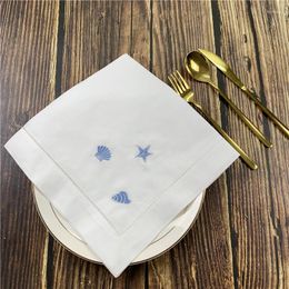 Table Napkin Dinner Napkins 20"x20"-inch White Hemstitch Linen Embroidery Blue Neptune/Conch/shell Tea