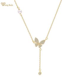 Pendant Necklaces Wong Rain 18K Gold Plated 925 Sterling Silver White Sapphire Pearl Gemstone Butterfly Pendant Necklace Fine Jewellery Wholesale G230202