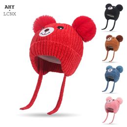 Caps Hats Winter Pompom Baby With Rope Lining Cute Boy Girl Warm Bear Knitted Hat Kids Earflaps Knit For Toddler 230202