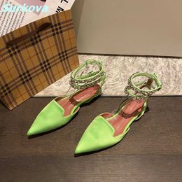 Hottest Crystal Decrotion Flat Shoes Light Green Pointed Toe Shallow Silk Sexy Women Buckle Strap Comfortable High Quality 220202