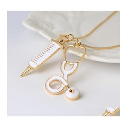 Pendant Necklaces Fashion Medical Jewelry Stethoscope Syringe Charms Necklace For Women Snake Chain Doctor Nurses Medicine School Gr Otaie