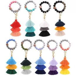 Silicone Beads Bracelet Keychain Three Layer Cotton Tassel Wrist Keyring Bead Bangle Key Ring Women Bag Pendant Decorations