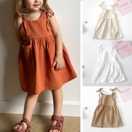 Girl's Dresses Children Girls Summer Casual Dress Solid Suspender With Pocket Cute Clothes For 26T Princess Wedding Party Gift Costume 230202