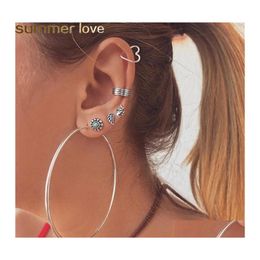 Hoop Huggie Exaggeration Big Circle Earrings For Women Trendy Retro Heart Leaf Turquoise Stud Set 6Pcs/Set Wholesale Jewellery Drop D Ot1Rq