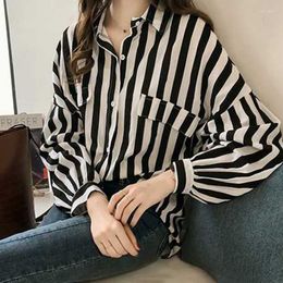 Women's Blouses 2023 Spring Womens Loose Tops Black White Striped Button Up Shirt Woman Casual Long Sleeve Irregular Hem Top Big Size Blouse