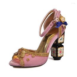 Dress Shoes Ladies Hand Embroidered Print Sandals Peep Toe Chunky Square Heel Shaped Suede Pink Lace Pearl Bow Embellished Size