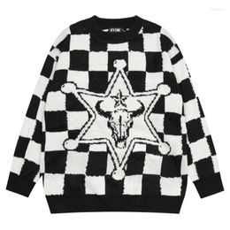 Men's Sweaters Hip Hop Vintage Sweater Mens Knitted Star Gun Plaid Jumpers 2023 Couple Y2K Autumn Harajuku Casual Streetwear Pullover