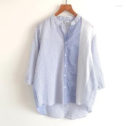 Women's Blouses 2023 Summer Women Tops Korea Style Stripe Loose Stand Collar Cotton Linen Blue White Shirts