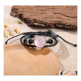 Link Chain Hope Charm Bracelet For Women Breast Cancer Awareness Braided Leather Rope Wrap Bangle Fashion Handmade Jewellery Drop Del Ottiu