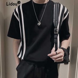 Men's T-Shirts Casual Youth Striped Patchwork Black Man T-shirt High Quality Summer New Round Neck Short Sleeve Fashion All-match Male Top 2022 Y2302