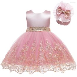 Girl Dresses Born Baby Clothes Big Bow Sleeveless Lace Princess For First Birthday Party Ball Gown Headwear Kids 0-2 Year