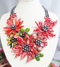 Choker Sweet African Shell Beads Necklace Red Flower Jewelry 20"