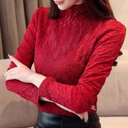 Women's Blouses Winter Fall Women Ladies Whtie Black Fleece Warm Turtleneck Long Sleeve Lace Tee Shirt Tops Female Woman 5xl Thick Tshirts