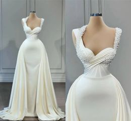 2023 Designer Mermaid Wedding Dresses Bridal Gown Crystals Peals Beaded Straps Satin with Overskirt Ruffles Custom Made Vestidos De Novia Plus Size