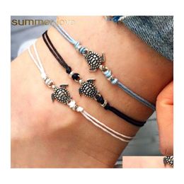 Charm Bracelets Vintage Sea Turtle Bracelet Anklet White Black Blue 3 Colours Wax Rope Beach Anklets For Women Bohemian Jewellery Whole Otivh