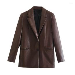 Women's Suits Solid PU Leather Chic Office Lady Blazers For Women Elegant Stylish Coats 2023 Women's Long Sleeve Single Breasted Slim