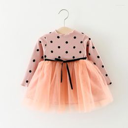 Girl Dresses Baby Clothes Spring Autumn Korean Casual Pullover Pink Polka Dot Patchwork Mesh Princess Girls Long Sleeved Dress