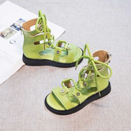Sandals Children Solid Green Unique Girls Lace-up Summer New Flat Casual Shoes Versatile Street Style Back Zip Kids Fashion