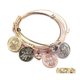 Bangle Wire Bangles Vintage Bronze Colors Alloy Crystal Hand Charms Expandable Heart Pendant Cuff Bracelet Wholesale Women Accessori Otbbs