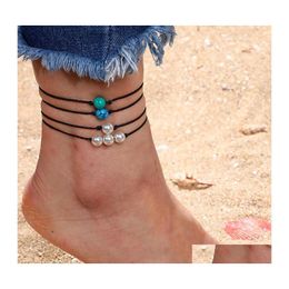 Anklets Simple Style Blue Green White Turquoise Ankle Chain Natural Pearl Anklet Men Women Summer Beach Jewellery Manual Weave Leather Dhlqv