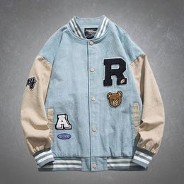 Men's Jackets 2023 Corduroy Patchwork Cute Bear Embroidery Baseball Jacket Harajuku Casual Loose College Style Bomber 230202