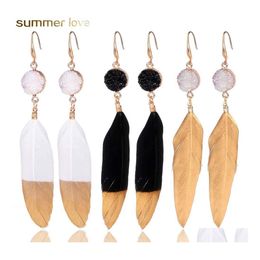 Dangle Chandelier Fashion Resin Stone Earrings Bohemian Black White Gold Feather Earring For Women Plating Ear Wedding Jewellery Gif Otodr