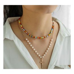 Pendant Necklaces Fashion Jewelry Double Layer Chain Faux Pearls Colorf Beads Necklace Cross Drop Delivery Pendants Dhs0T