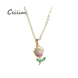 Pendant Necklaces Happiness Flower Women Rose Necklace Earring 925 Sterling Sier Cubic Zirconia Gold Plated Stud Valentines Day Jewe Oten8