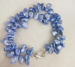 Link Bracelets Wedding Woman 2 Rows Bracelet 10mm Blue Baroque Natural Freshwater Pearl Handmade Jewelry