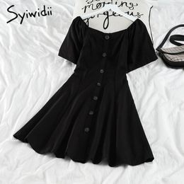 Casual Dresses Syiwidii Elastic High Waist Women Button Up Short Sleeve A-line Solid Black Clothes 2023 Summer Korean Fashion Dress
