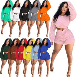 Women's Tracksuits S-3XL Women Solid Two 2 Piece Sport Sets O Neck Long Sleeve Crop Tops And Shorts Suits Fitness Outfit Matching Set