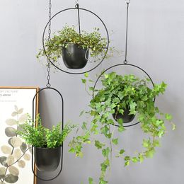 Vases Metal Hanging Flower Pot Nordic Chain Planter Basket Vase for Home Garden Balcony Decoration Decorative 230201