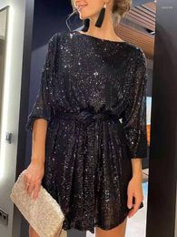 Casual Dresses Winter Autumn Fashion Light Gold Sequined Gitter Sexy Bodycon Mini Dress Women O Neck Long Sleeve Lace Up Evening Party