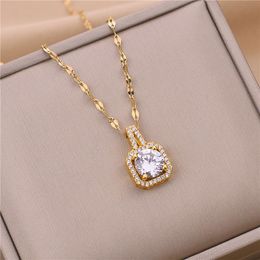 Pendant Necklaces Korean Fashion Gold Square Rhinestone Necklace For Women Luxury Zircon Stainless Steel Jewellery Neck Chain Collares MujerPe